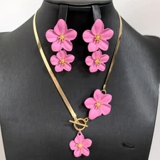 Women's Rose Red Elegant Flower Pendant Necklace Earrings Jewelry Set Alloy
