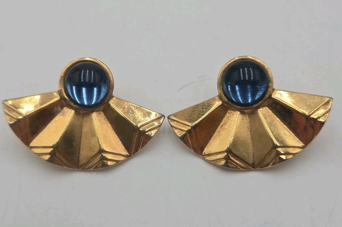 Vintage Gold Tone Fan Earrings Blue Cabochon Art Deco Style Statement Studs