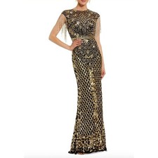 MAC DUGGAL Dress Size 4 Black Gold Fringe Shoulder NEW Sheath Maxi