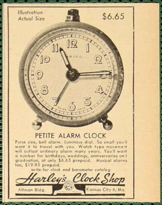 Petite Bell Alarm Clock Harley s Clock Shop Kansas City Vintage Print Ad 1947