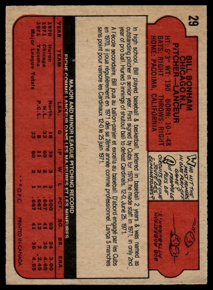 1972 O-Pee-Chee #29 Bill Bonham Green under C and S - Image 2 of 2