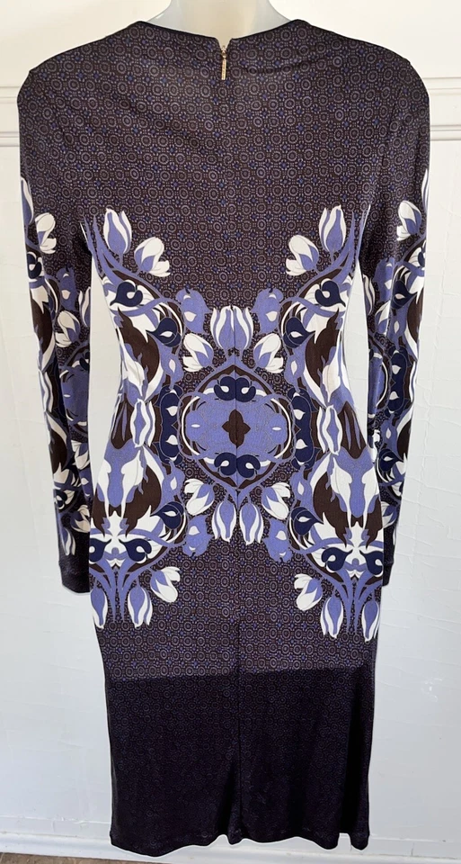 Vestido Tory Burch Flavia Azul Art Nouveau Floral Slinky L/S 100% Seda Midi Pequeño Foto 4 de 4