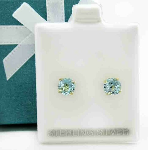 GENUINE 1.38 Cts AQUAMARINE STUD EARRINGS .925 Sterling Silver - NEW WITH TAG - Picture 2 of 3