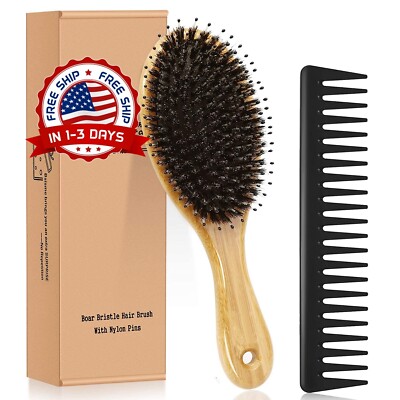 Set De Cepillo Y Peine De Cerdas De Jabalí Cabello Rizado Grueso Largo Fino Seco