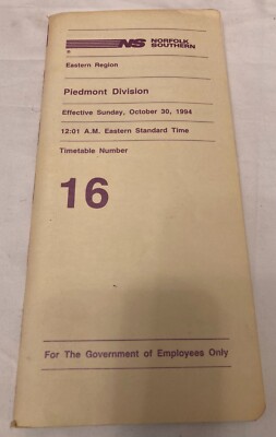 Norfolk Southern Timetable 16 Piedmont Division Eastern Region October 30 1994