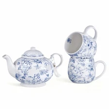 STPGOODS Blue Flowers Bone China Teapot and Mug Set for 2 Persons