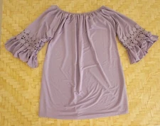 Win Win Women's Tunic Top Sz L-XL Ruffle Bell Sleeve Purple stretch *see pics