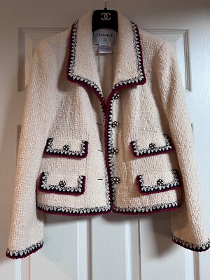 CHANEL 06A VINTAGE TWEED ECRU JACKET BRAIDED TRIM CC JEWELED