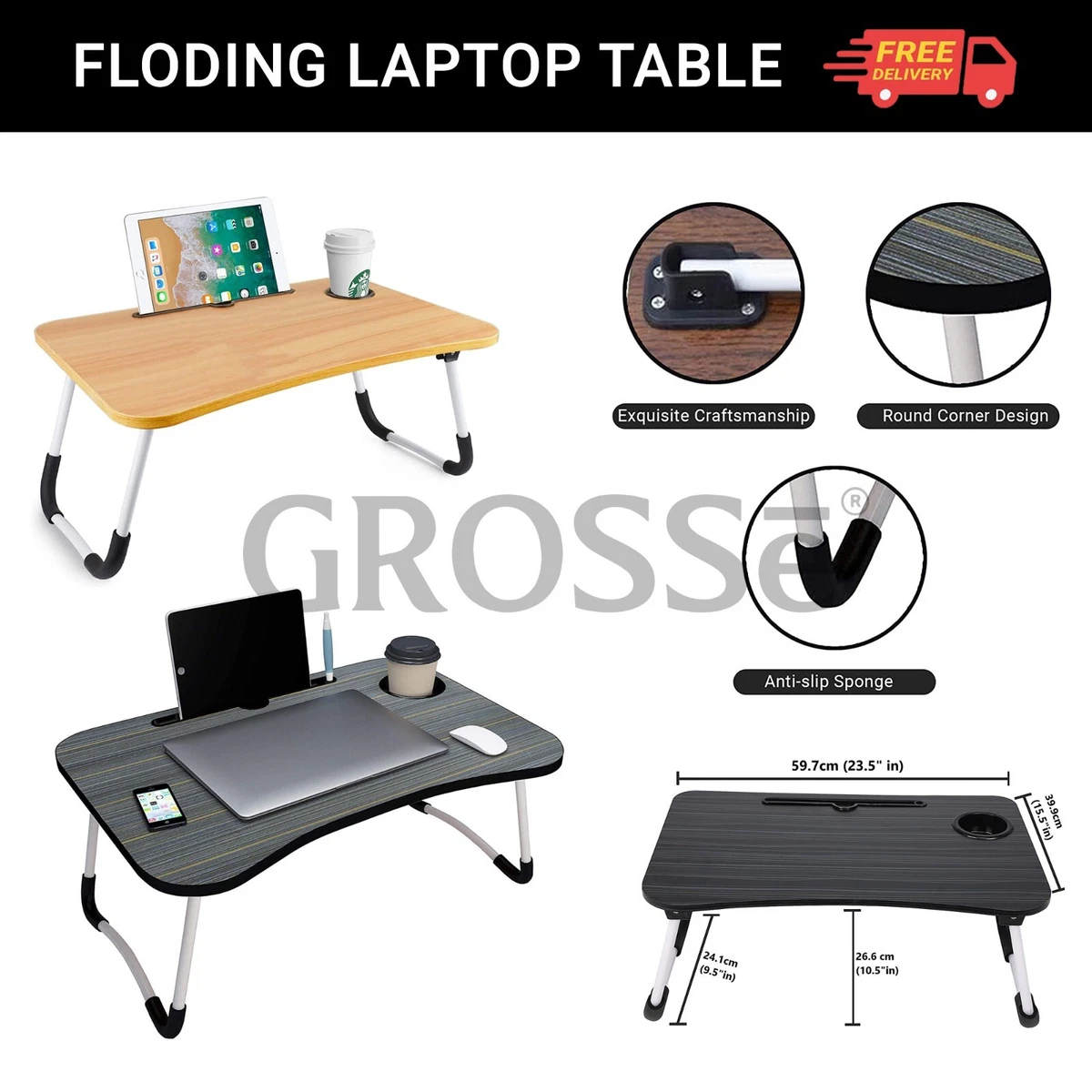 Black Folding Laptop Bed Tray Table Portable Study Lap Desk Notebook CupSlot