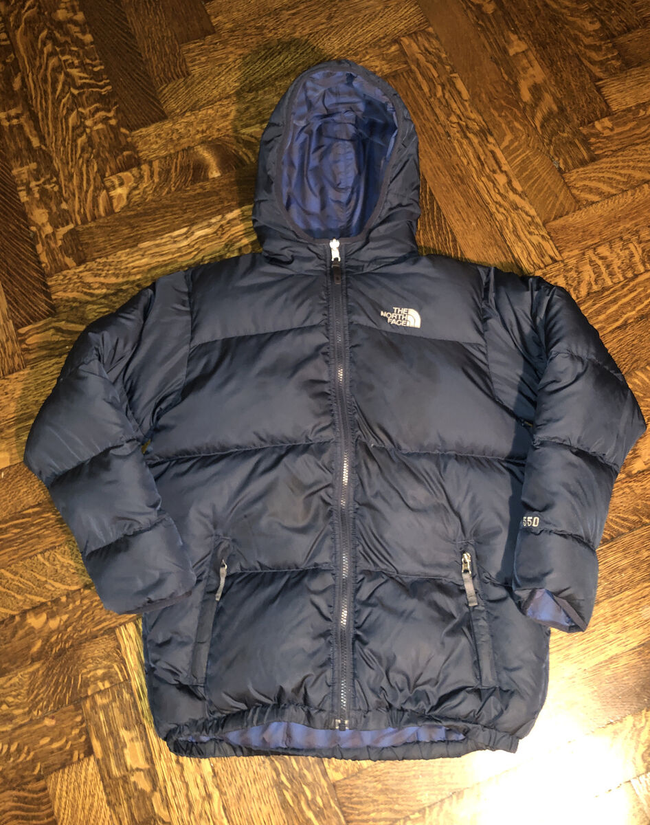 THE NORTH FACE BOYS 550 REVERSIBLE BLUE DOWN PUFFER JACKET COAT SIZE XL