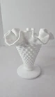 Vintage Fenton White Milk Glass Hobnail Ruffled Trumpet Small Vase