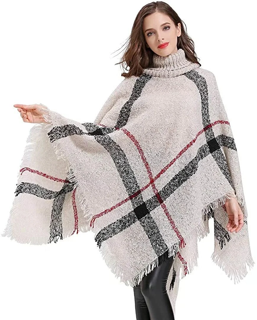 HITOP Womens Dress Ponchos Boho Loose Tassel Plaid Poncho