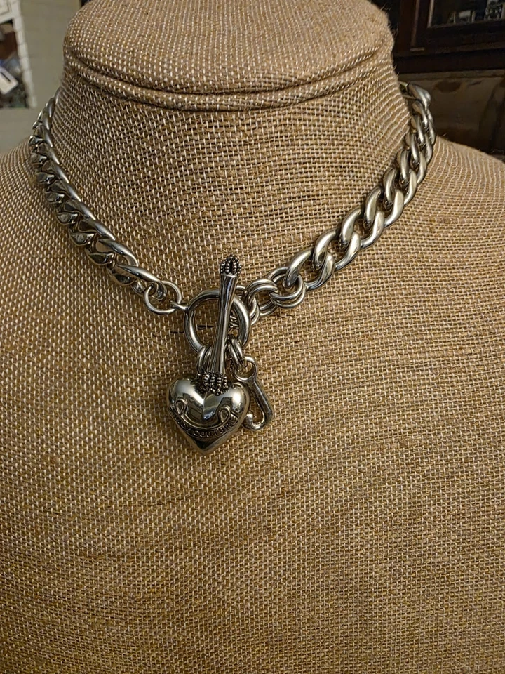 Juicy Couture Silver Tone Choker Chain Link Toggle Clasp Heart J Charms Necklace - Image 3 of 4