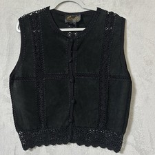 Vtg Scully Leather Crochet Lace Vest Women  s XL Black Western Rodeo Festival