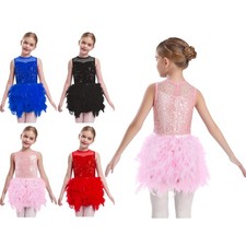 US Kids Dance Dress Sequin Feather Velvet Skirted Leotard Tutu Dress Dancewear