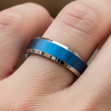 6mm Blue Tungsten Wedding Band - Brushed Center, High-Polish Beveled Edge