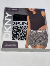 DKNY Women's Soft Ribbed Tank  Cozy Woven Short Set, Black/White, Size L