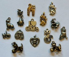 14 CAT CHARMS ALL DIFFERENT PEWTER SILVER METAL BRASS 1/2 OF 1" TO 1"