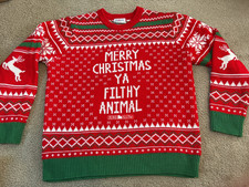 HOME ALONE Ugly Christmas Sweater Large Ya Filthy Animal Snow Green Red Deer