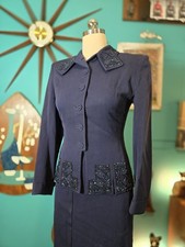 VTG 1940s Beaded Notched Collar Skirt Suit Navy Blue Gabardine Gimbel Brothers