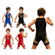 Kids Boys Leotard Gym Jumpsuit Workout Bodysuit Training Wrestling Thigh Length