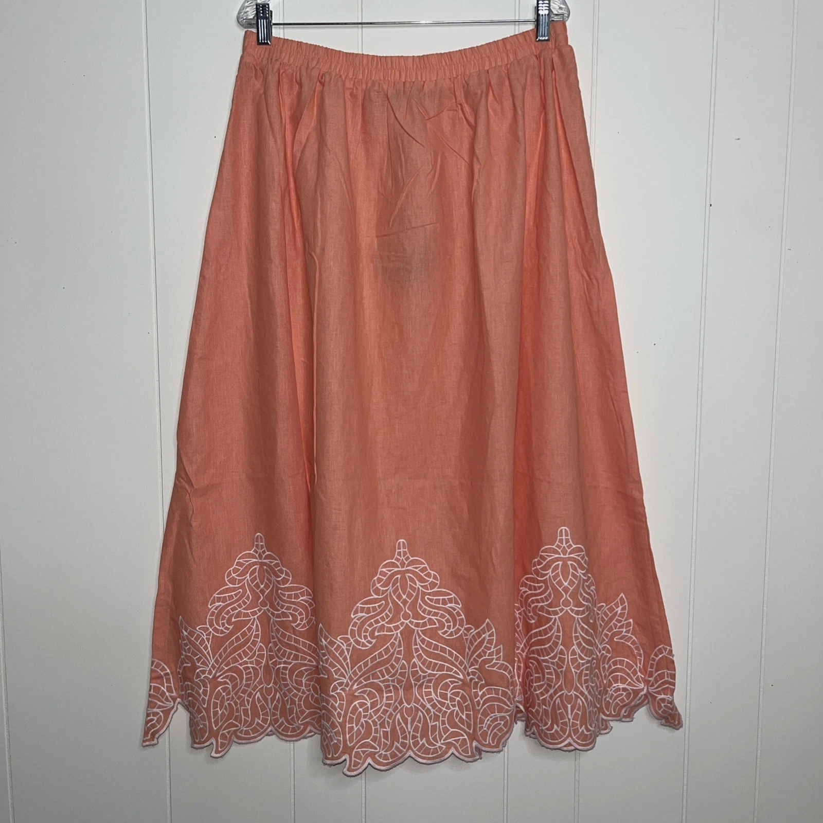 NWT Ming Wang Embroidered Linen Blend Midi Skirt Size Medium Elastic Waist