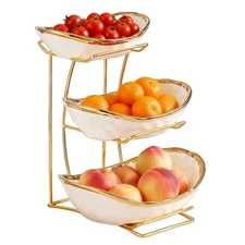 3 Tier Fruit Bowl, Ceramic Fruit Basket with Metal Stand, Tiered Basket for K...