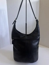 RARE Vintage Black Soft Leather Duffle Bucket Hobo Shoulder Bag Purse EUC