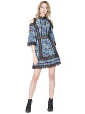 ALICE + OLIVIA Blue Floral Black Eyelash Lace Gatz Garden Party Dress 6 US = S