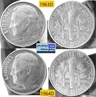 Vintage 1963D 64D⌛US Mint Silver Roosevelt Dimes🪙As Depicted🪙Last Years Silver