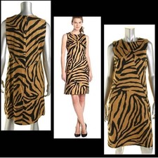 Anne Klein Womens Zebra Print Sleeveless Shift Dress Tan Black Size 10 Woven