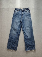 ZARA Women Jean 8 Blue Denim Relaxed Fit Wide Leg Frayed Hem High Rise Casual