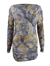 Guess Women's Printed Ruched Long-Sleeve Top (S, Snake Print Blue) 193327098093