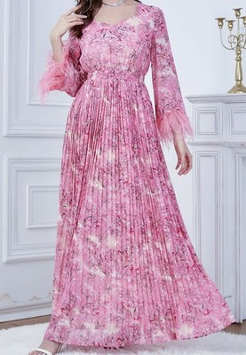 NEW! Chiffon Style Pleated Floral Feather Trim Sleeve Maxi Dress Size M  Aprox 10