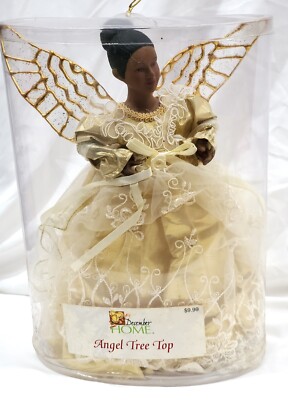 December Home Black African American ANGEL TREE TOPPER cream dress & wings 12''hi