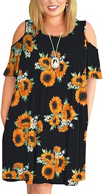 Kancystore Plus Size Dresses Short Sleeve Cold Shoulder Casual -3XL Black