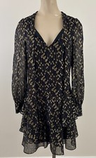 SAIL TO SABLE XS Black Metallic Gold Bow Front Silk Ruffle Long Sleeve Dress EXC