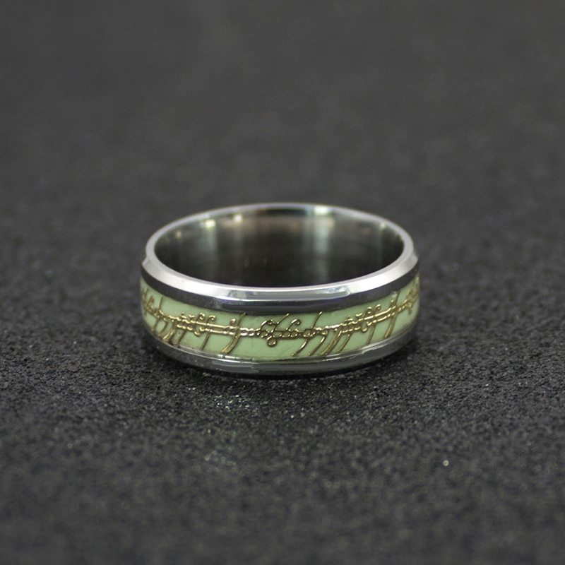 Anello Elfico Fosforescente Il Signore Degli Anelli, In Acciaio Chirurgico 316L, Scritte Luminose Di Notte, Larghezza 7 Mm, Con Pochette Regalo