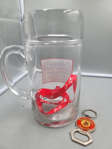 VTG Beer Stein Mug Clear Glass 1L Budweiser Busch Large Heavy Rounded Top Edge - Picture 5 of 8