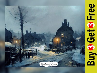 Silent Village in Winter, Ölgemälde Druck 5''x7'' auf mattem Papier