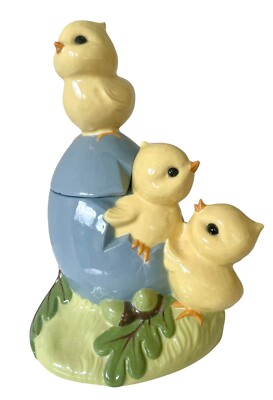 Ceramic Chicks Hatching Egg Easter Candy Trinket Dish Blue 8'' Tall
