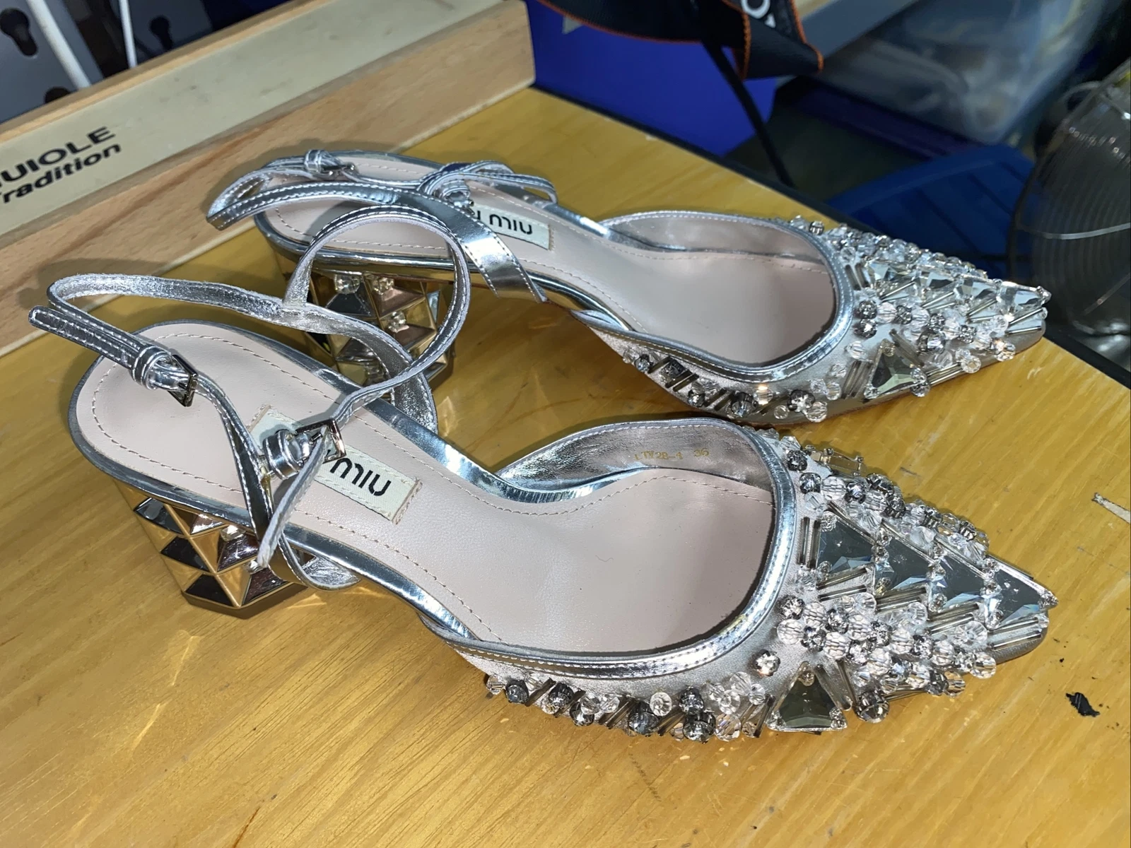 Miu Miu — Miu Miu Glitter Embellished Block Silver Heel Sandals Size 36
