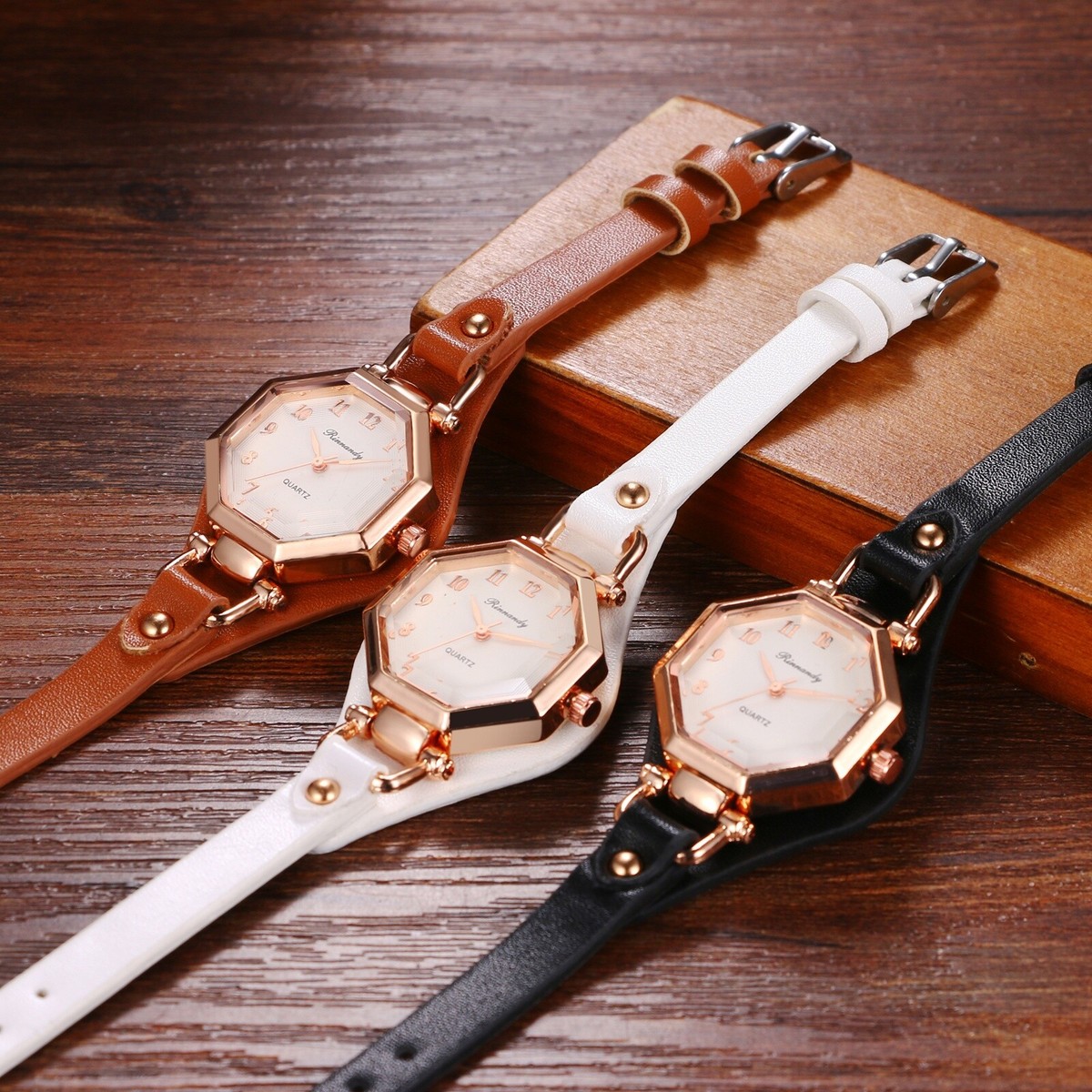 Women\'s Leather Band Watch Octagon Crystal Dial Quartz Elegant Dress Gold Octagonal Watch - Etsy main image 3