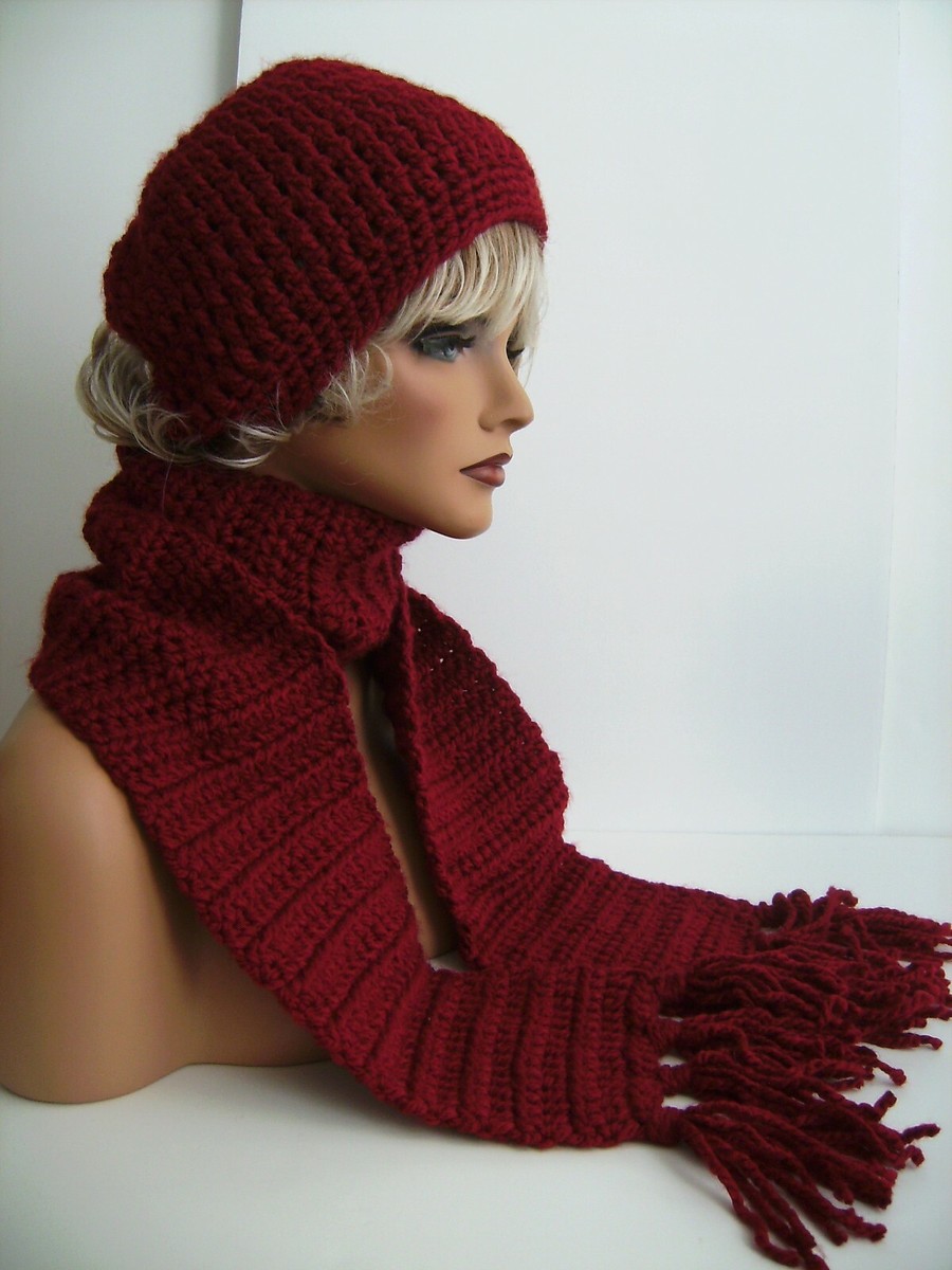 CRANBERRY RED HAND CROCHET HAT AND SCARF SET HAND MADE BEANIE