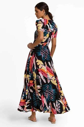LADIES ROMAN DRESS SIZE 20, Black Tropical Palm Shirred Waist Maxi Dress - Picture 10 of 13