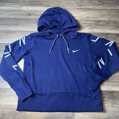 Nike Dri-Fit Hoodie Womens Medium Navy Graphic Drawstring Pullover Spellout