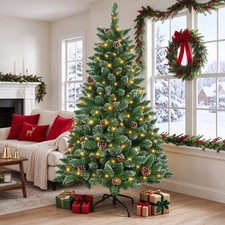 7FT Snow Flocked Christmas Tree with Lights Pinecones Xmas Holiday Artificial US