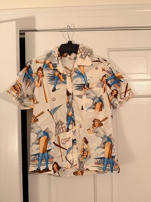 Alexander Henry Pin-Up Baseball ''Home Run'' Short Sleeve Button Down Shirt Size L