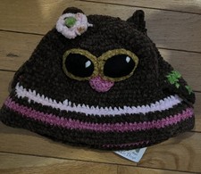 Owl Beanie Winter Hat Brown 1-2Y Crochet Girls Face Ears New With Tags