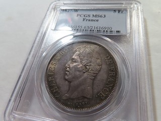 P41 Francia 1827 W Plata 5 Francos Gad 644 F 311 PCGS MS 63 Bonito Tonificación